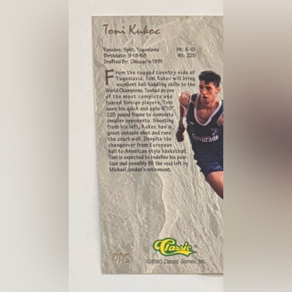 1993 Classic Basketball Trading Card - Power Pick 1-80,000 Tony Kukoc - Picture 6 of 7